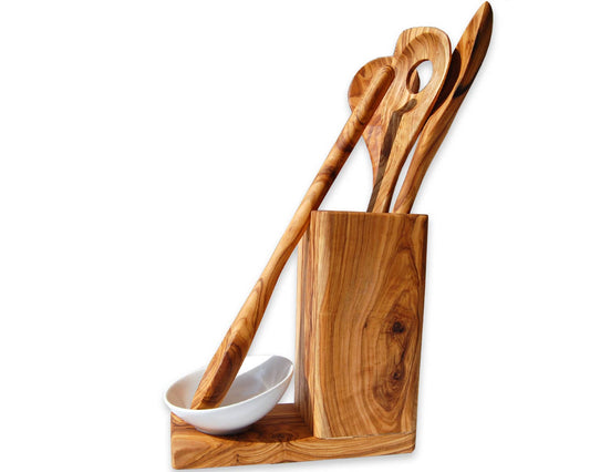 Keittiövälinesarja telineellä, oliivipuuta - MaallinenDesign