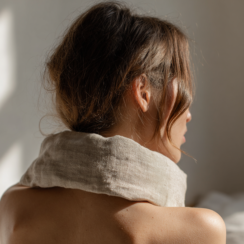 Kauratyyny käytössä lämmittämässä niskaa